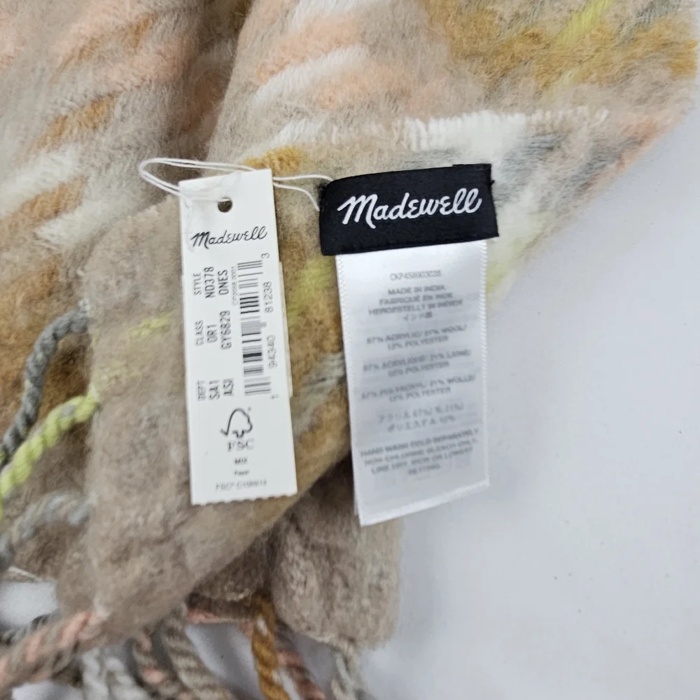 Madewell Wool Blend Pink, Cream, Camel Plaid Soft Fuzzy Oversized Scarf …